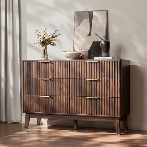 6-Drawer Dresser Fluted Drawers, Mid-Century, Walnut | 47.2"W x 15.4"D x 32.3"H, 130 lbs top / 40 lbs per drawer (7.7"H), 6 fluted drawers, gold handles, anti-tip straps - size: 15.4"D x 47.2"W x 32.3"H (6 Drawers)