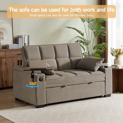 65" 3-in-1 Sofa Bed, Pull Out Sleeper Sofa with 360° Swivel Side Table, Storage Armrests, Cup Holders & USB Charging Ports, Chenille Convertible Couch for Living Room - color: 1007-khaki-