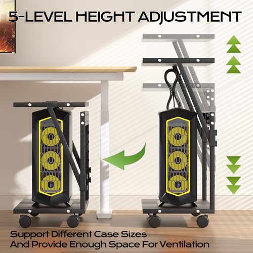 24In Large PC Stand, 5 Levels Height Adjustable Computer Tower Stand with Charging Station, Wheels and Hooks, CPU Holder Cart for Floor, Carpet and Under Desk, Easy Assembly（with Power Strips） - color: Black with Outlet
