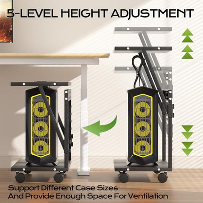 24In Large PC Stand, 5 Levels Height Adjustable Computer Tower Stand with Charging Station, Wheels and Hooks, CPU Holder Cart for Floor, Carpet and Under Desk, Easy Assembly（with Power Strips） - color: Black with Outlet