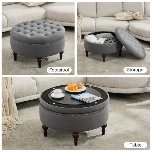 Round Storage Ottoman, Tufted Fabric Coffee Table Footrest, Grey | Upholstered Linen Ottoman Coffee Table, Large Footrest With Solid Wooden Legs, Side Table for Living Room Bedroom Office - color: Dark Grey