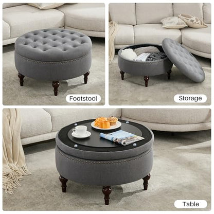 Round Storage Ottoman, Tufted Fabric Coffee Table Footrest, Grey | Upholstered Linen Ottoman Coffee Table, Large Footrest With Solid Wooden Legs, Side Table for Living Room Bedroom Office - color: Dark Grey