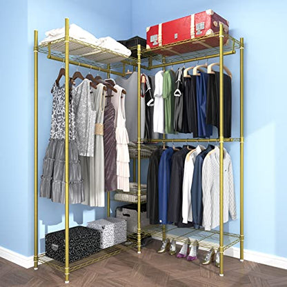 XIOFIO 6 Tiers Heavy Duty Garment Rack,Clothing Storage Organizer, Metal Clothing Rack,Clothing Rack with Hanging Rod,Adjustable Shelf and Fixed Baskets,60.7"L x 15.7"W x 70.5"H Max Load 720LBS,Gold - color: Gold