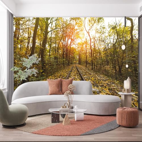 Custom Size Wall Murals， Autumn Forest Train Tracks，SelfAdhesive Removable Peel and Stick Wallpaper， for Living Room，Bedroom，Shop，Office，Kids