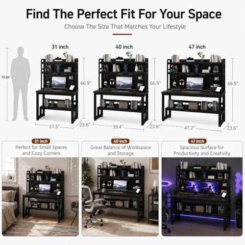 47 Inch Gaming Desk with 1 Power Outlet, 2 USB & LED Lights | Computer Desk with Hutch, Pegboard, Home Office Desk with Shelves for Bedroom, Study (Black,47inch) - color: Black, size: 47inch