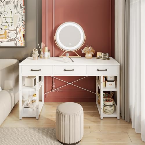 ODK Office Small Computer Desk: Home Table with Fabric Drawers & Storage Shelves, Modern Writing Desk, White, 48"x16"