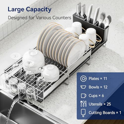Stainless Steel Dish Drying Rack - Expandable Dish Racks for Kitchen Counter Organizer with Drain Board, Detachable Utensil & Cup Holder, Dish Drainer for Small Kitchen Counter, Black - color: Black