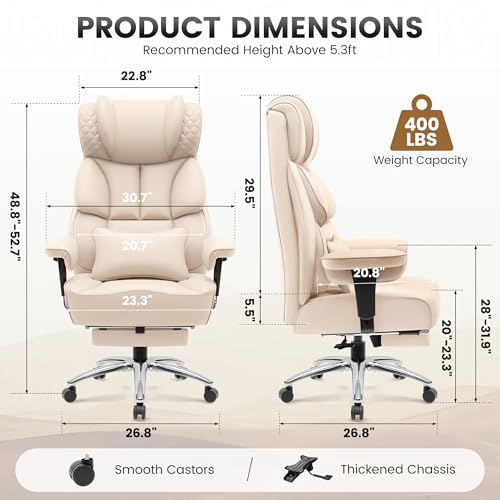 BestGlory Office Desk Chair, Big and Tall Leather Gaming Chair with Footrest, Wide Ergonomic Comfy Executive High-Back Reclining Computer Chairs, Swivel Rolling Wheels and Padded Lumbar Support, Beige - color: Beige, style: 3 Position Reclining