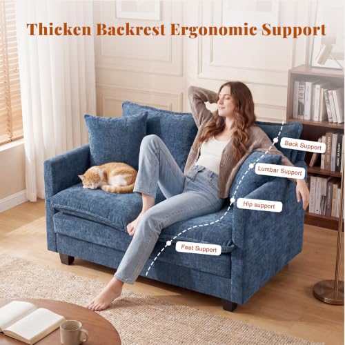 50'' Loveseat Sofa Set, Small Couch Set 2 Piece Cloud Love Seat with 27" Deep Seat Washable Chenille Pillows Couches for Small Spaces Apartment Living Room, Blue - color: Blue, size: 50"+50"