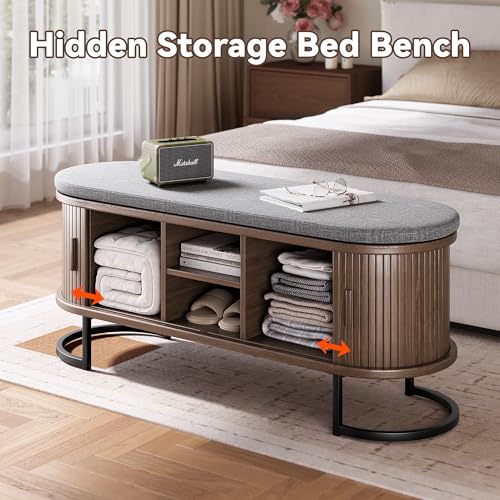 Decofy 47.2'' Entryway Storage Bench Seat with Sliding Door, Large Shoe Bench with Sturdy Metal Feet & Soft Cushion, Multi-Scene Use for Entrance, Bedroom & Living Room（Walnut） - color: Walnut