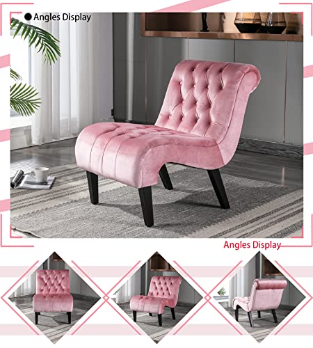 Comfy Velvet Accent Chair Set of 2, Tufted Armless Chair with Rolled Edge | Modern Small Lounger for Living Room, Upholstered Reading Chaise Lounge with Solid Rubber Wood Legs, Pink - color: Pink, size: Set of 2