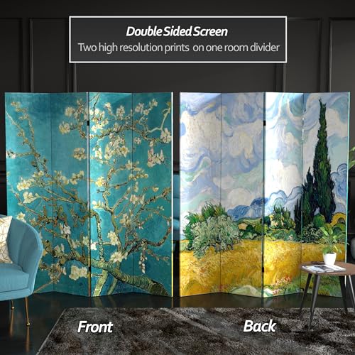 Red Lantern Double Sided Works of Van Gogh Canvas Folding Screen - Almond Blossoms/Wheat Field, 6 ft Tall - 4 Panel - color: Almond Blossoms/Wheat Field, size: 6 Foot Tall - 4 Panel