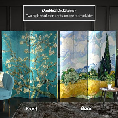 Red Lantern Double Sided Works of Van Gogh Canvas Folding Screen - Almond Blossoms/Wheat Field, 6 ft Tall - 4 Panel - color: Almond Blossoms/Wheat Field, size: 6 Foot Tall - 4 Panel