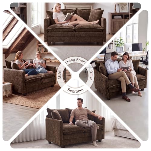 Loveseat Sofa Couch 2 Piece Set, Small Compact 50" Love Seat 27" Deep Cloud Sofa Set Washable Chenille Pillow Living Room Set for Apartment Office 50-Brown-2+2 - color: Brown, size: 50"+50"