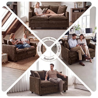 Loveseat Sofa Couch 2 Piece Set, Small Compact 50" Love Seat 27" Deep Cloud Sofa Set Washable Chenille Pillow Living Room Set for Apartment Office 50-Brown-2+2 - color: Brown, size: 50"+50"