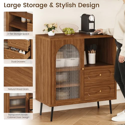 Wood Sideboard Cabinet - Slim Side Board Buffet Cabinet with Storage, Small Accent Credenza with Drawers and Door, Modern Coffee Bar Table for Kitchen, Dining Room, Entryway, Living Room - color: Walnut