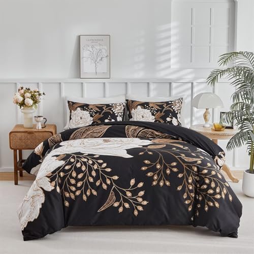 MKXI Gold Floral Black Duvet Cover Twin XL Bedding Set Bold Vintage Style Premium Cotton Comforter Cover Gothic Dorm Bedding Boho Duvet Cover for Teens All Seasons - color: 002 Black, size: Twin XL
