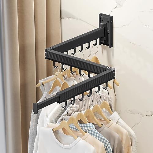 Wall Mounted Tri-Fold Clothes Drying Rack, Heavy Duty Collapsible Laundry Drying Rack, Space-Saving Retractable Foldable Drying Rack Clothes for Laundry Room Balcony Bathroom,Black-Hooks - style: Black-Hooks