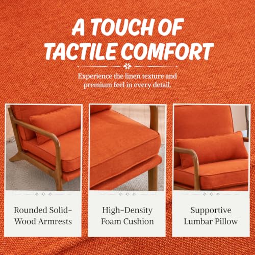 Karl home Mid-Century Modern Accent Reading Chair, Burnt Orange | Linen Upholstered, Solid Wood Frame, Soft Cushion, Lumbar Pillow, Lounge Armchair for Living Room, Bedroom, Balcony, Study - color: Linen Orange