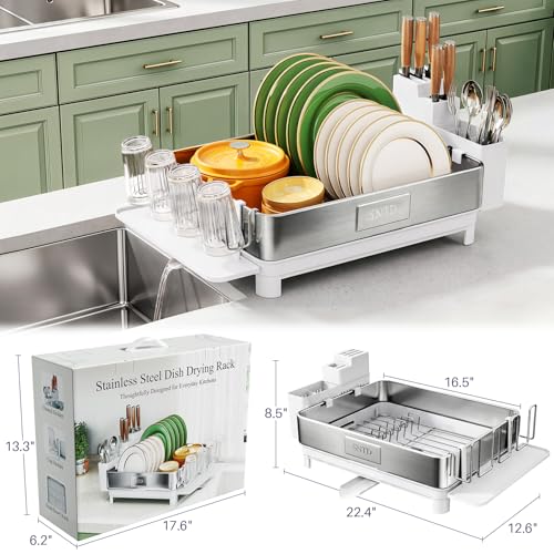 SNTD 304 Stainless Steel Dish Drying Rack for Small Kitchen Counter, White | Rustproof, Large Capacity, Heavy-Duty Frame, Rotating Spout, Angled Drainboard, Removable Cup & Utensil Holder - color: White