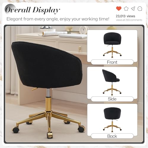 Faux Fur Makeup Vanity Chair,Home Office Desk Chair with Wheels, Blue | Fluffy Swivel Modern Armchair Upholstered Fuzzy Height Adjustable for Teens Women Girls Elegant for Living Room Bedroom - color: Round Black+golden Base