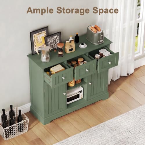 ChooChoo 35.4" Coffee Bar Cabinet with 3 Drawers and 2 Doors, Green | Buffet Cabinet with Adjustable Shelves, Storage Cabinet for Compact Kitchens, Dining rooms and Living rooms - color: Green