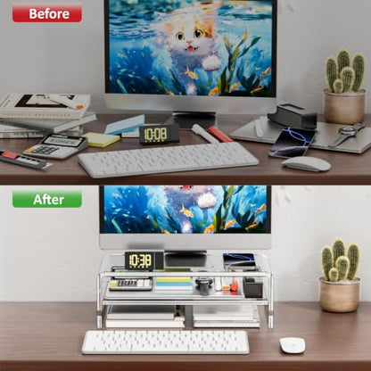 Egchi Clear Acrylic Monitor Stand Riser 2 Tier, 5.12 Inches High Clear Computer Desk Organizer Shelf for Multi Media PC Storage Laptop | Clear, Desk Shelf, for Multi Media PC Storage, Laptop Stand - size: 16''x8''x5.12''-2 Tiers