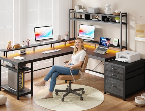 EnHomee 64x59 Inch Two Person L Shaped Gaming Desk with Shelf & LED Lights | 4-Layout with 4 AC+2 USB Charging Ports, Remote Lights for Gaming Room, Black - color: Black