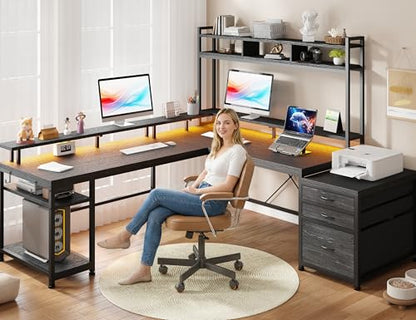 EnHomee 64x59 Inch Two Person L Shaped Gaming Desk with Shelf & LED Lights | 4-Layout with 4 AC+2 USB Charging Ports, Remote Lights for Gaming Room, Black - color: Black