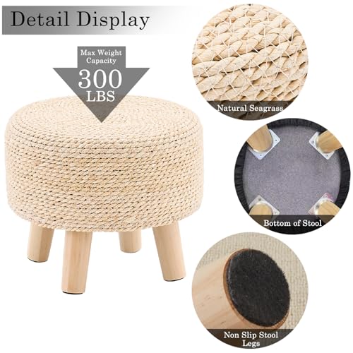Cpintltr Ottoman Natural Seagrass Footrest Poufs Hand Weave Round Foot Stool for Couch Desk Soft Step Stool Padded Foot Rest with Pine Legs for Living Room Bedroom (Natural White) - color: Natural White