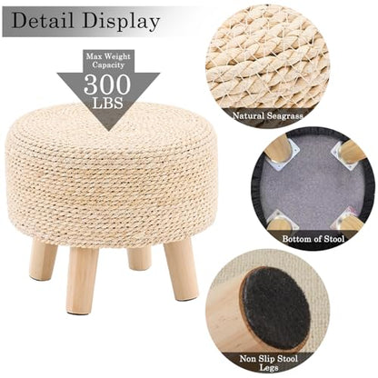 Cpintltr Ottoman Natural Seagrass Footrest Poufs Hand Weave Round Foot Stool for Couch Desk Soft Step Stool Padded Foot Rest with Pine Legs for Living Room Bedroom (Natural White) - color: Natural White
