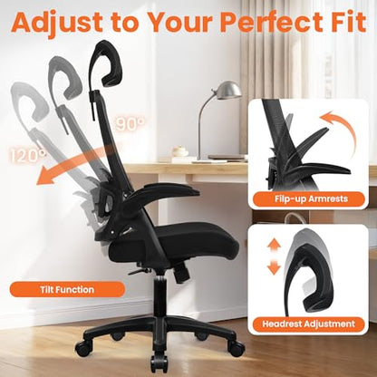 NEO CHAIR Office Desk Chair with Ergonomic High Back Mesh Headrest, Black | Adjustable Headrest and Lumbar Support with Flip-Up Armrests Designed for Extended Sitting Comfort While Saving Space - color: Black
