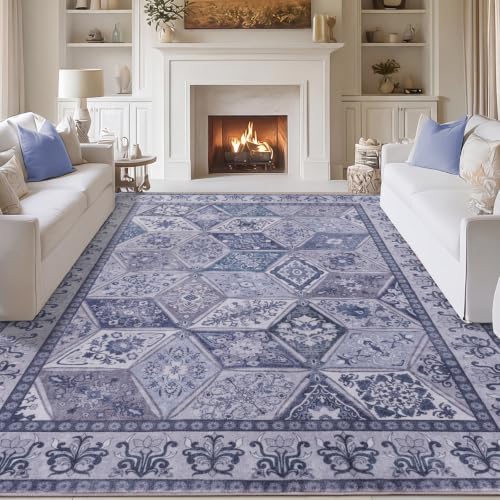 Moroccan Washable Area Rug 5x7 Vintage Patchwork Living Room Rug, Blue/Grey | Distressed Geometric Floral Rug for Bedroom Nursery, Non Slip Low Pile Boho Carpet for Office Dorm Apartment - color: Blue/Grey, size: 5x7 Feet