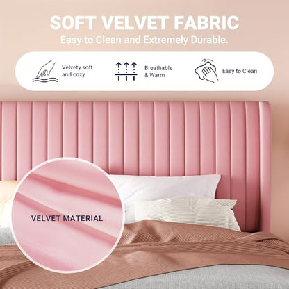 Allewie Queen Size Velvet Bed Frame/Vertical Channel Tufted Wingback Headboard/Upholstered Platform Bed/Strong Wooden Slats/No Box Spring Needed/Easy Assembly/Pink - color: Pink, size: Queen