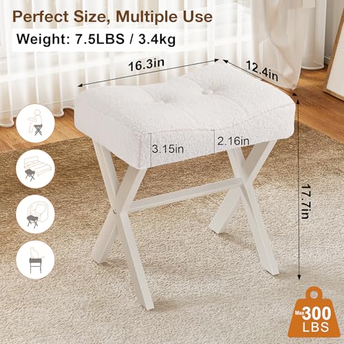 18-Inch Vanity Stool Chair, White Padded Saddle Makeup Stool | Teddy Flannel Vanity Bench, Metal X-Leg, 300 LBS, 16.3"x12.4"x18", Ottoman Accent Stool, Breathable Soft Saddle Seat - size: Small, style: White Fabric