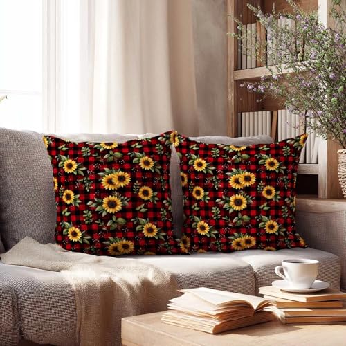 Sunflower Throw Pillow Covers 18x18 Set of 2 | Red Black Buffalo Plaid Farmhouse Cushion Cases | Rustic Decorative Pillow Covers for Couch Sofa Bedroom Living Room - color: Plaid Sunflower