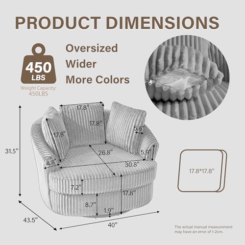 Faux Fur Swivel Accent Chairs Set of 2, Oversized Barrel Chair, Gray | 43"W Living Room Arm Chair with 360° Swivel Metal Base, Comfy Upholstered Single Sofa Reading Seat | 40"D x 43"W x 31"H - color: Grey, size: 2SEAT