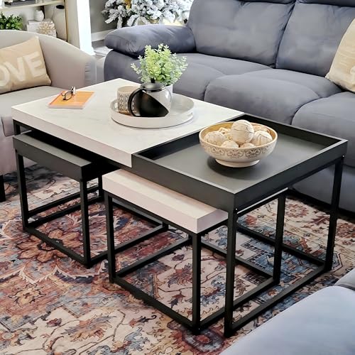 MAISON ARTS Nesting Coffee Table Set of 3, Marble White and Black | Rectangle Center Table, Morden Living Room Coffee Table and End Table Sets for Home Indoor Use - color: Marble White&black