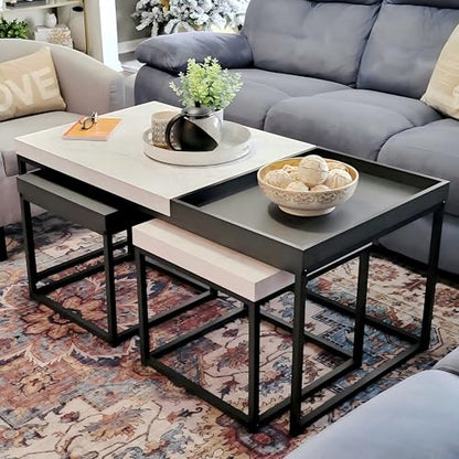 MAISON ARTS Nesting Coffee Table Set of 3, Marble White and Black | Rectangle Center Table, Morden Living Room Coffee Table and End Table Sets for Home Indoor Use - color: Marble White&black