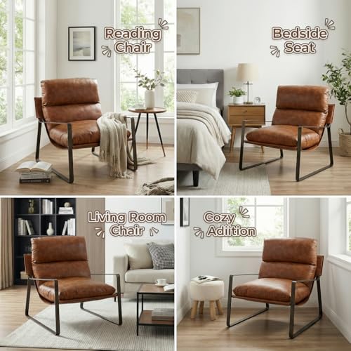LukeAlon Modern PU Leather Accent Armchair, Brown | Pu Leather Upholstered Living Room Chair With Brass Frame & Thickened Cushion, Comfy Single Lounge Sofa for Bedroom, Office - color: Brown-lychee Grain