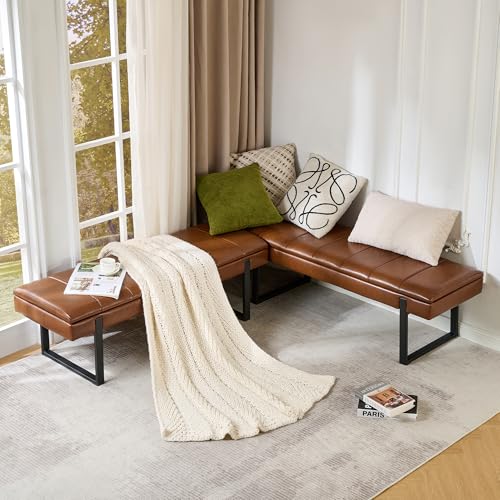 Breakfast Nook Bench with Hidden Storage, Premium Faux Leather Cushion & Metal Base, 53 Inch Extra Seating for Dining Room/Living Room, Entryway - color: Brown