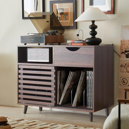 Record Player Stand, Vinyl Record Cabinet Holds Up to 200 Albums | Vinyl Storage Cabinet with Power Outlet, Turntable Stand Table with Fluted Sliding Door, Living Room(Walnut)