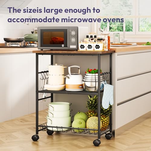 SWTYMIKI Rolling Kitchen Microwave Cart - 3 Tier Microwave Table Stand with Storage Basket and Hooks, Kitchen Utility Cart on Wheels, Coffee Cart Shelf Rack Organizer for Living Room Office, Balcony - color: Brown