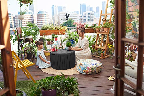 Keter Circa 37 Gallon Wood Panel Style Round Outdoor Deck Box and Storage Table, Grey - color: Grey