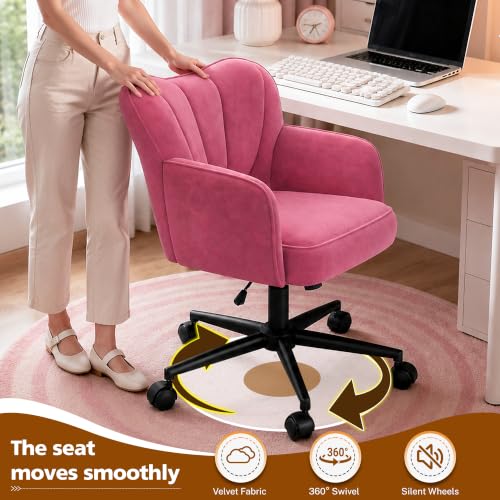 DurayLoly Desk Chair with Shell Back & 360° Swivel Wheels | Comfy Velet Vanity Chair,Adjustable Height,Stylish and Comfortable for Makeup, Work & Relaxation,Dusty Rose - color: Dusty Rose