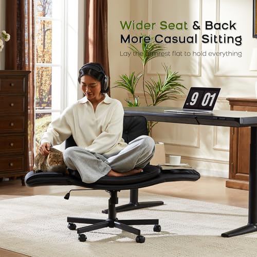amseatec Criss Cross Office Chair, Swivel Makeup Vanity Chair with Wheels | Wide PU seat supports cross-legged, fidget-friendly sitting; 5-level armrests create pet space; wipe-clean finish eases care - color: Black
