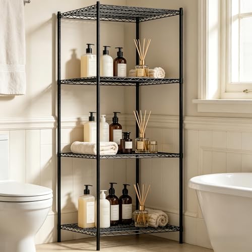 Wire Storage Standing Shelf Rack Tower, Corner Metal Shelving Unit with Adjustable Shelves, Space-Saving Organizer for Garage, Kitchen, Bathroom, 23.5 * 23.5 Inch - size: 4 Tier 23.5 Inch Width