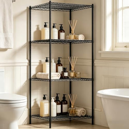 Wire Storage Standing Shelf Rack Tower, Corner Metal Shelving Unit with Adjustable Shelves, Space-Saving Organizer for Garage, Kitchen, Bathroom, 23.5 * 23.5 Inch - size: 4 Tier 23.5 Inch Width