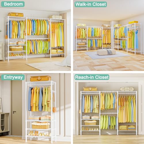SEMHOR E06 Expandable Heavy Duty Clothes Rack for Reach-in Closet | Freestanding Clothing Racks with Shelves, Carbon Steel Closet Organizer System Adjustable 70.8-93.9", Max Load 800LBS, White - color: White
