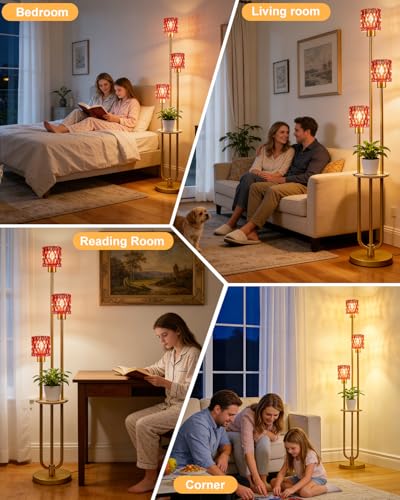 62IN Gold Floor Lamp with Deep Red Glass Shade 3-Lights Mid-Century Modern Farmhouse Floor Lamps with 3000K Warm White Bulbs, Tall Standing Lamp with 5Lbs Heavy Base for Living Room/Bedroom - color: 3 Deep Red Cylinder-Gold